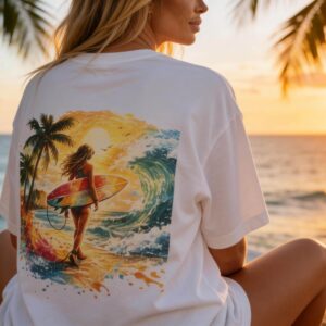 Surfer Girl Beach Shirt | Tropical Surfing Graphic Tee | Summer Vacation T-Shirt